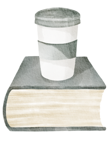 Watercolor image of a coffee cup on top of a thick book.